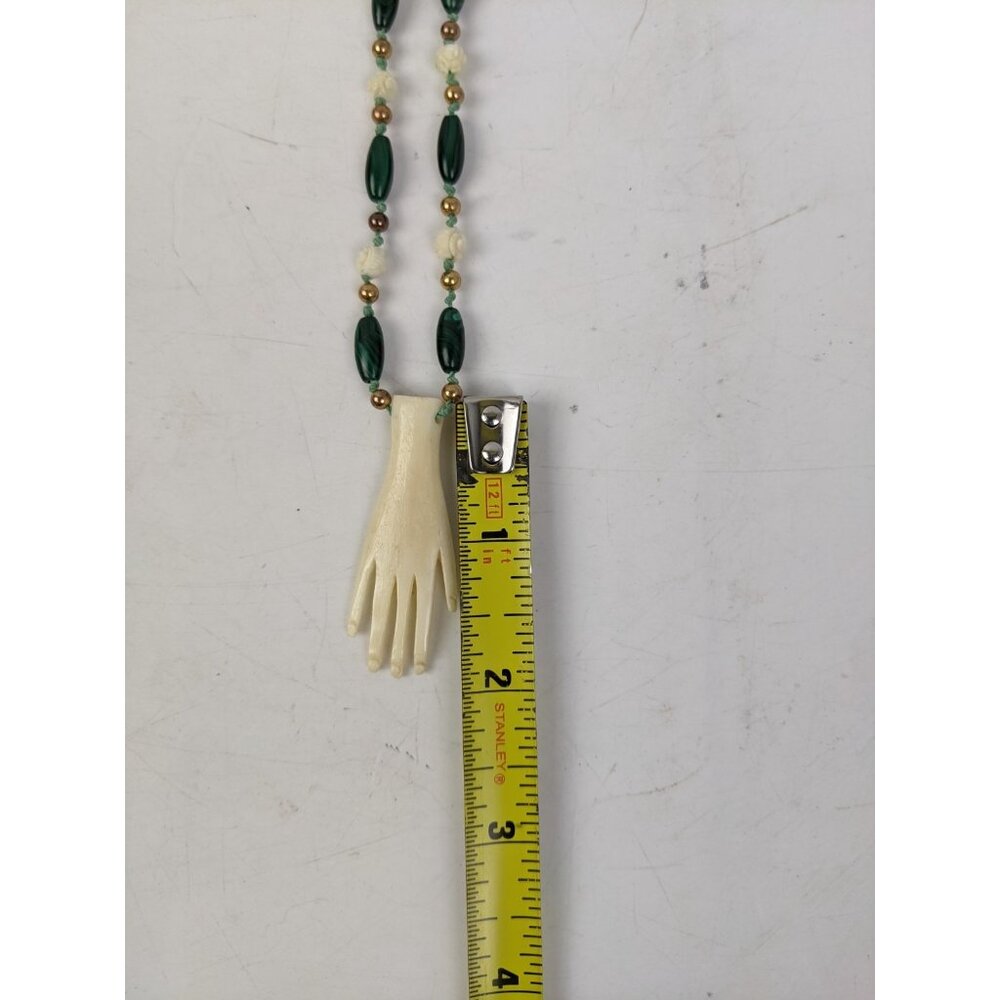 Vintage Mexican Folk Necklace Carved Hand Pendant w/ Malachite & Beads - Picture 12 of 12